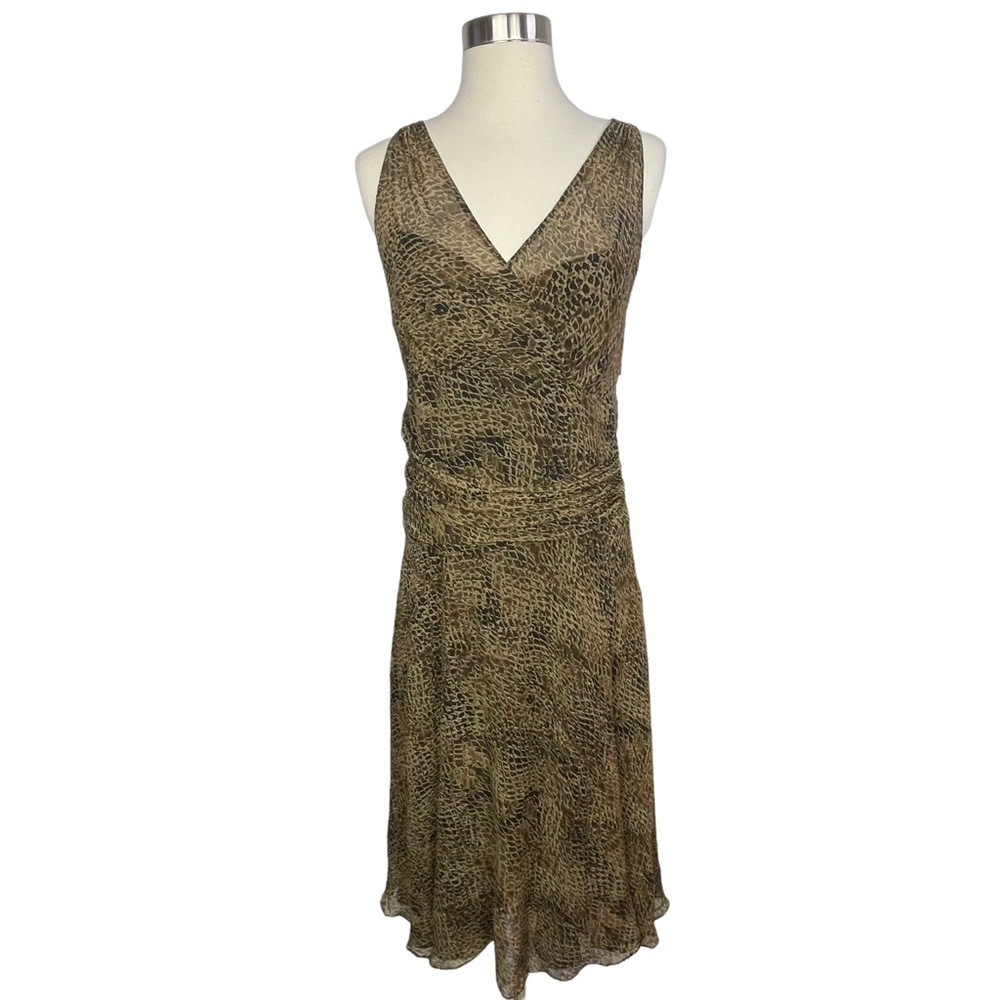 Vintage 90’s Sleeveless Brown & Black Snake Print Chiffon V-Neck A-Line Dress‎ 8